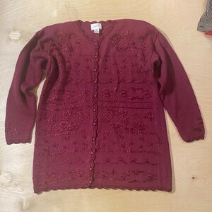 Jenny Classic Embroidered Button-Front Women’s Sweater - Burgundy Medium (QM)